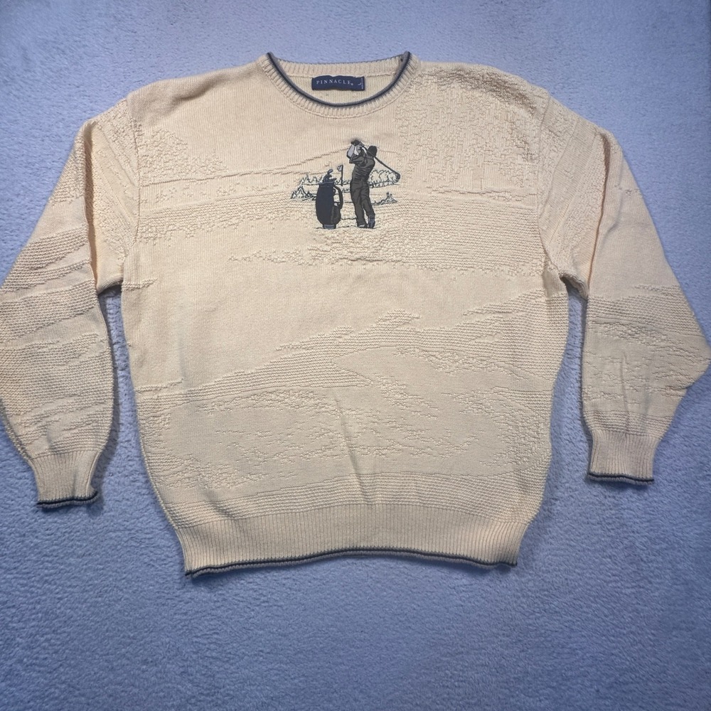 Pinnacle‎ Golf Sweater Mens L Yellow Embroidered Cotton Vintage 90s Made in USA